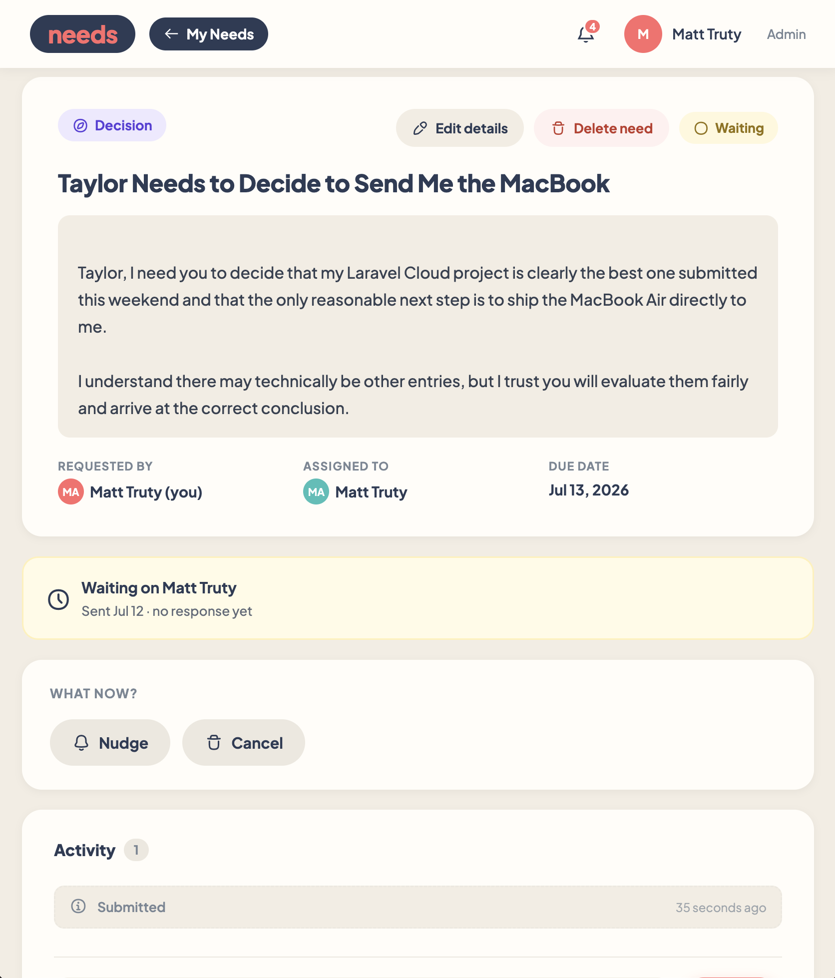 Needs detail screen showing a decision request with status, owner, due date, activity, and next actions